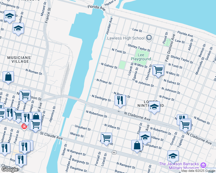map of restaurants, bars, coffee shops, grocery stores, and more near 1825 Tennessee Street in New Orleans