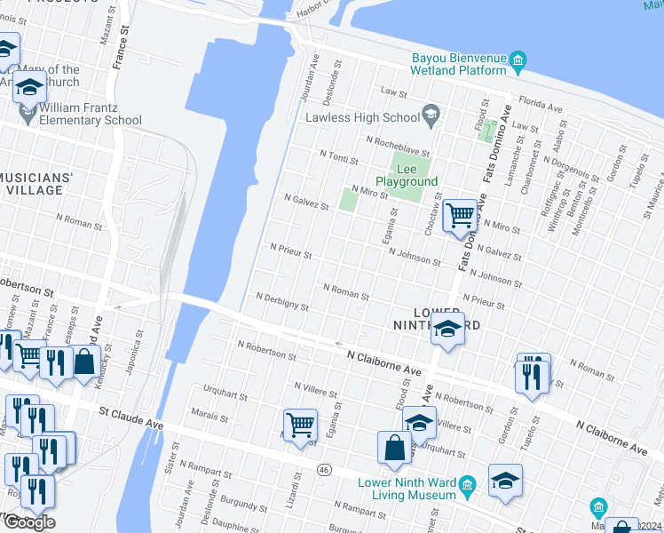 map of restaurants, bars, coffee shops, grocery stores, and more near 5018 North Prieur Street in New Orleans