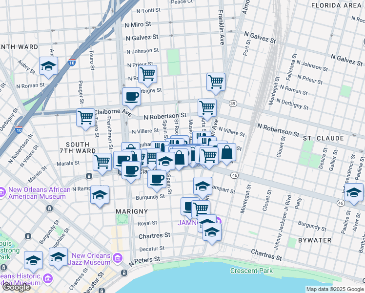 map of restaurants, bars, coffee shops, grocery stores, and more near 1206 Saint Roch Avenue in New Orleans