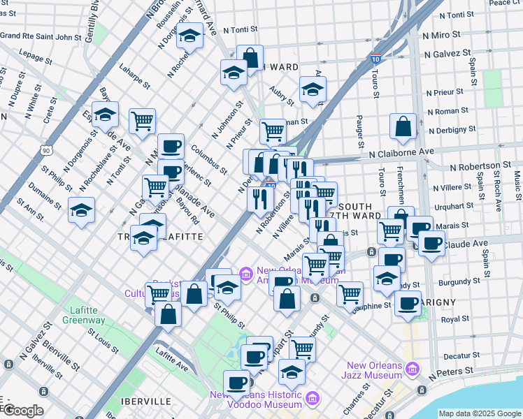 map of restaurants, bars, coffee shops, grocery stores, and more near 1442 North Claiborne Avenue in New Orleans