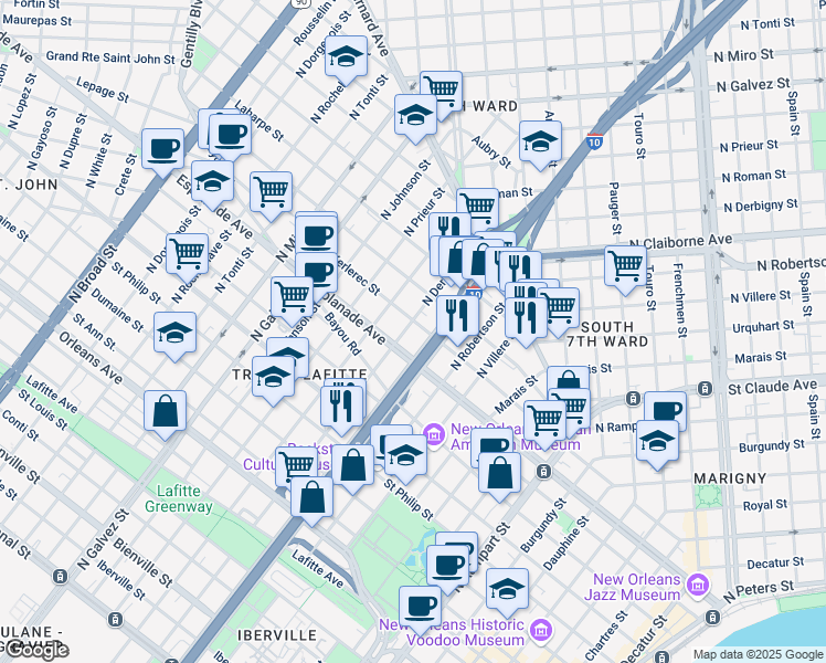 map of restaurants, bars, coffee shops, grocery stores, and more near in New Orleans