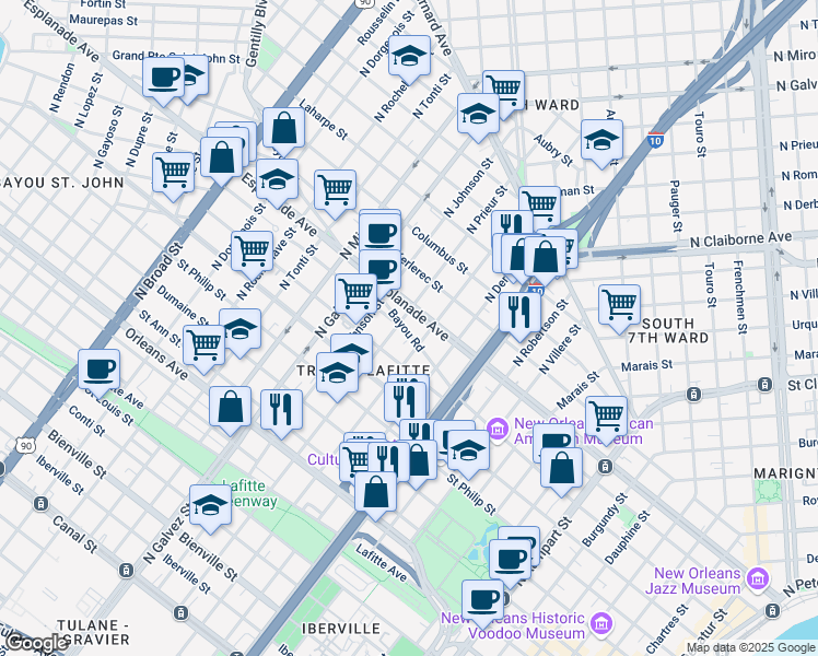 map of restaurants, bars, coffee shops, grocery stores, and more near 1216 North Prieur Street in New Orleans