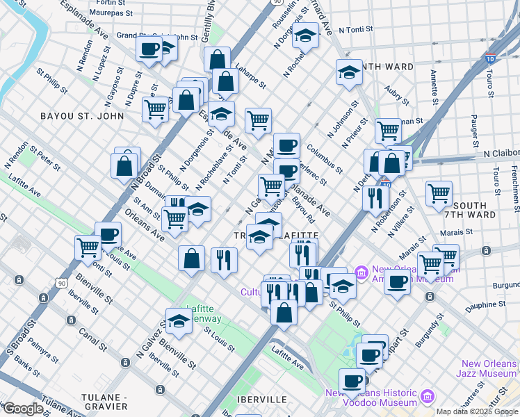 map of restaurants, bars, coffee shops, grocery stores, and more near 1120 North Johnson Street in New Orleans