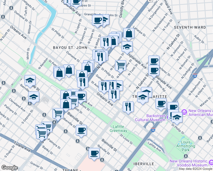 map of restaurants, bars, coffee shops, grocery stores, and more near 815 North Rocheblave Street in New Orleans