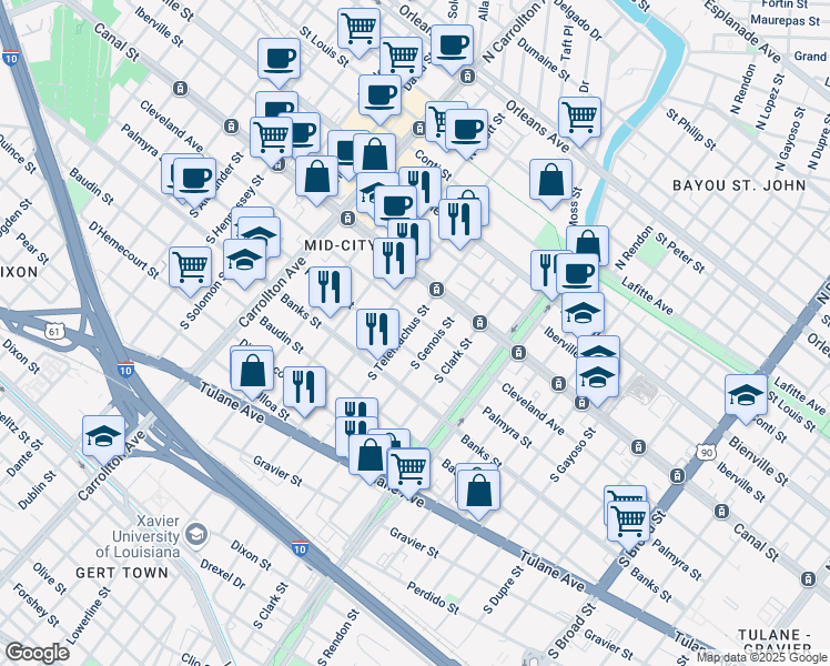 map of restaurants, bars, coffee shops, grocery stores, and more near 239 South Genois Street in New Orleans