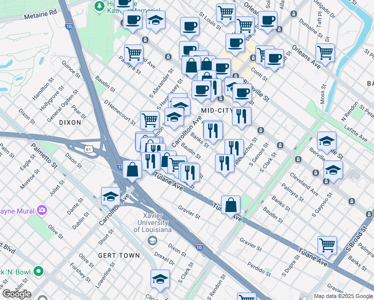 map of restaurants, bars, coffee shops, grocery stores, and more near 4007 D Hemecourt Street in New Orleans