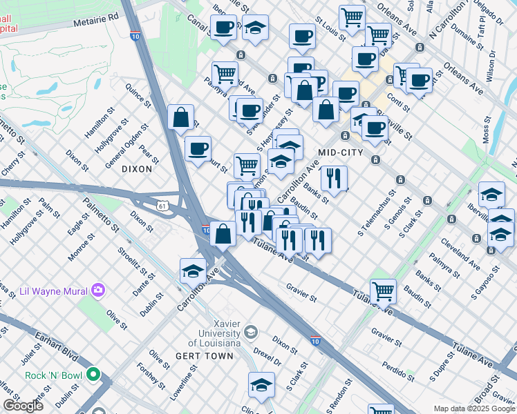 map of restaurants, bars, coffee shops, grocery stores, and more near in New Orleans