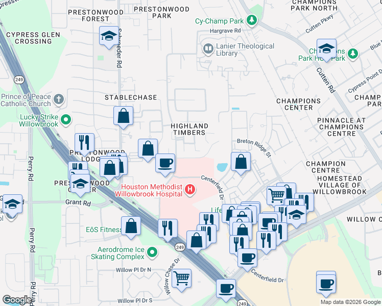 map of restaurants, bars, coffee shops, grocery stores, and more near 7819 Parkchase Timber Court in Houston