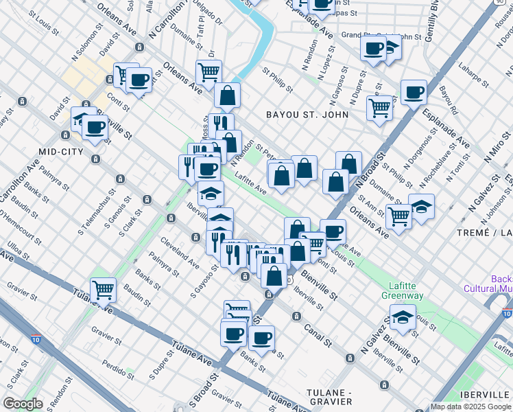map of restaurants, bars, coffee shops, grocery stores, and more near 325 North Gayoso Street in New Orleans