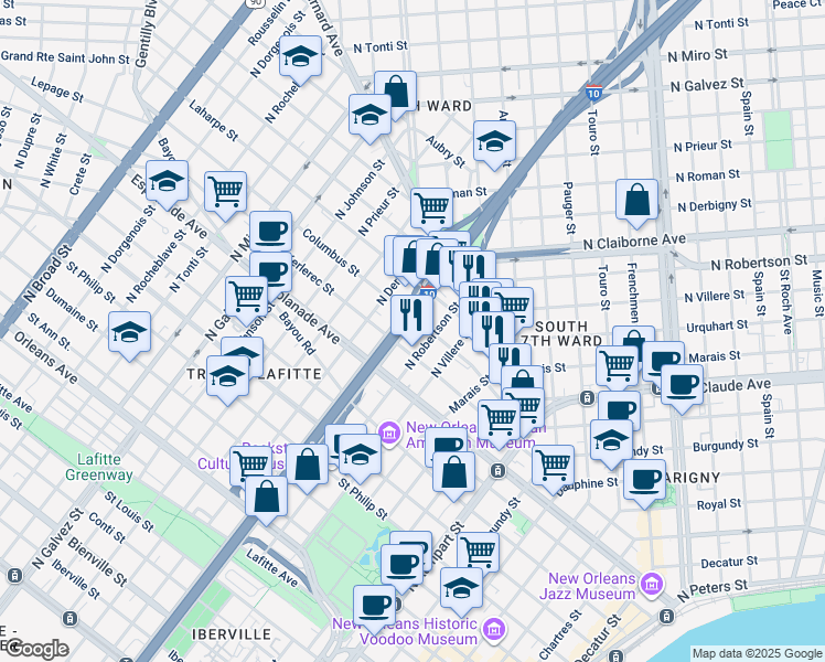 map of restaurants, bars, coffee shops, grocery stores, and more near 1442 North Claiborne Avenue in New Orleans