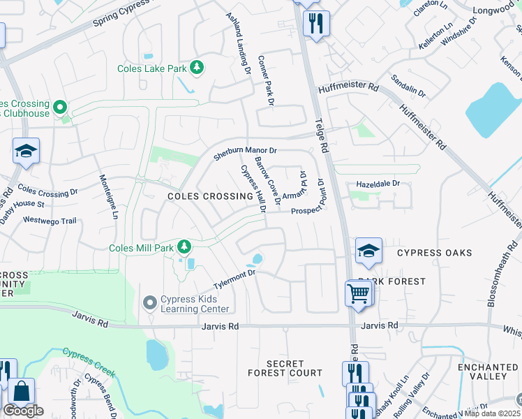 map of restaurants, bars, coffee shops, grocery stores, and more near 13810 Bowden Creek Drive in Cypress