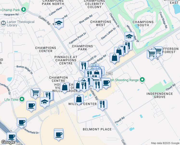 map of restaurants, bars, coffee shops, grocery stores, and more near 6930 Champions Plaza Drive in Houston