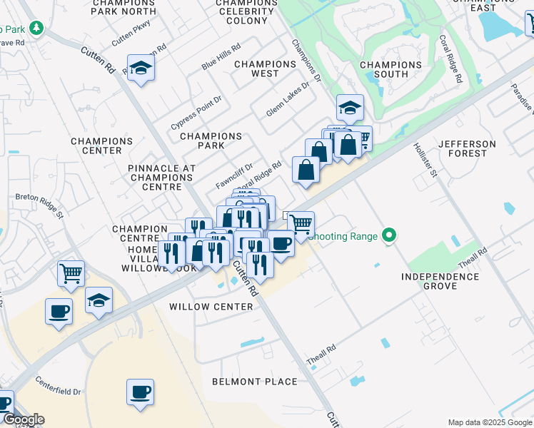 map of restaurants, bars, coffee shops, grocery stores, and more near 13057 Champions Park Drive in Houston