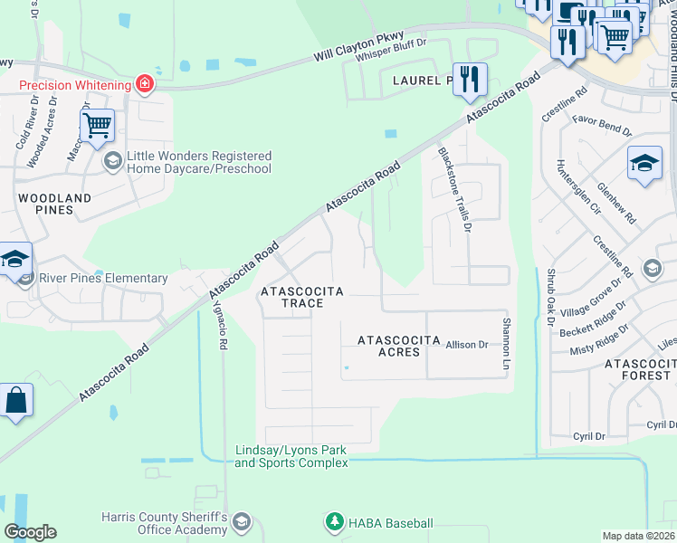 map of restaurants, bars, coffee shops, grocery stores, and more near 2911 Ryan Court in Humble