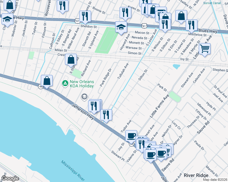map of restaurants, bars, coffee shops, grocery stores, and more near 517 Arnold Avenue in River Ridge