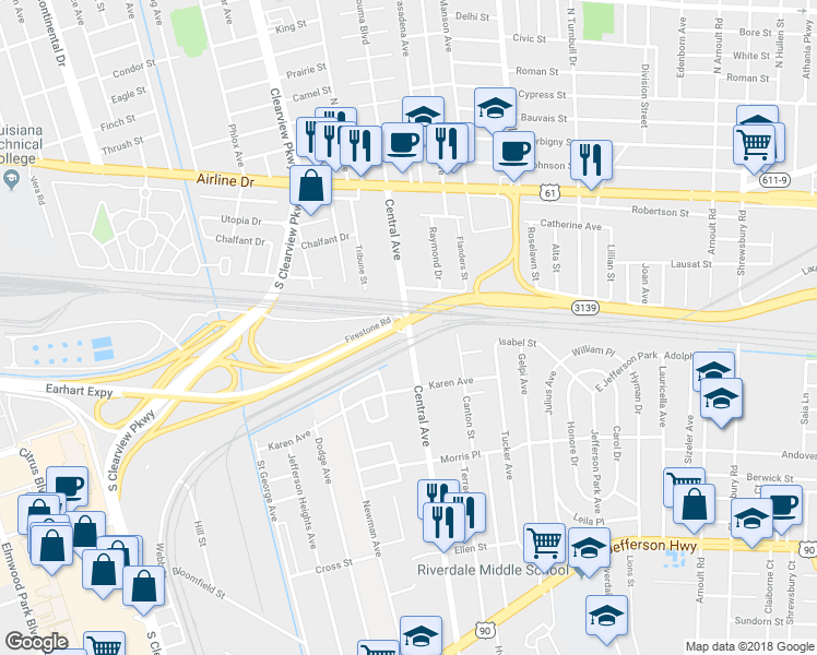 map of restaurants, bars, coffee shops, grocery stores, and more near 853 Central Avenue in New Orleans