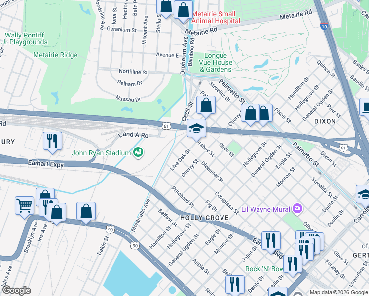 map of restaurants, bars, coffee shops, grocery stores, and more near 9413 Colapissa Street in New Orleans