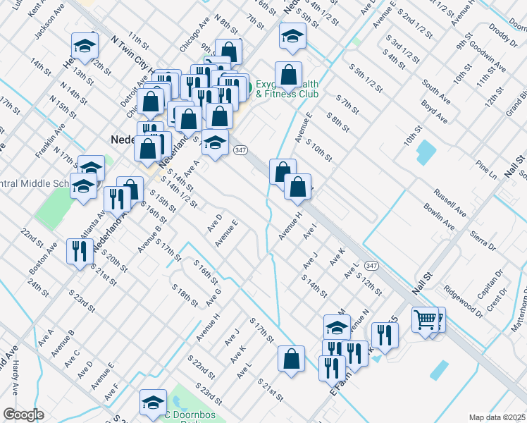 map of restaurants, bars, coffee shops, grocery stores, and more near 711 South 13th Street in Nederland