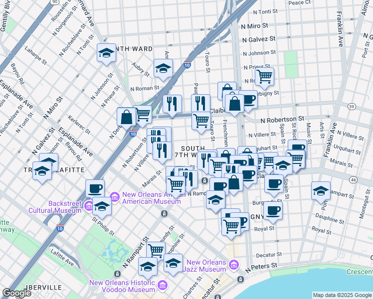 map of restaurants, bars, coffee shops, grocery stores, and more near 1354 Saint Anthony Street in New Orleans