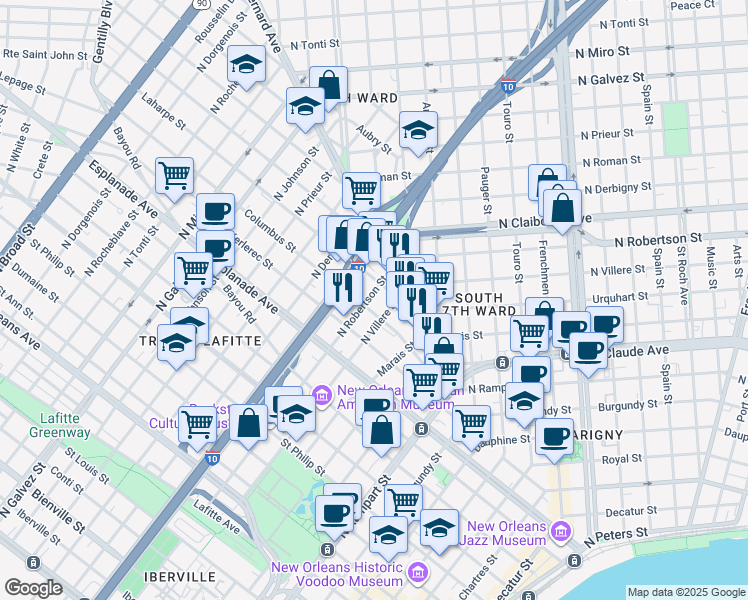 map of restaurants, bars, coffee shops, grocery stores, and more near 1512 North Robertson Street in New Orleans