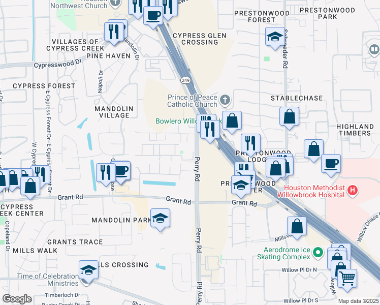 map of restaurants, bars, coffee shops, grocery stores, and more near 13611 Perry Road in Houston