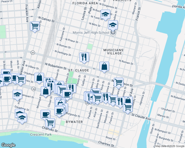 map of restaurants, bars, coffee shops, grocery stores, and more near 1435 Congress Street in New Orleans