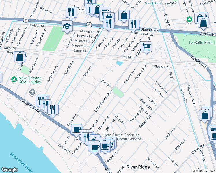 map of restaurants, bars, coffee shops, grocery stores, and more near 10401 Ware Street in River Ridge