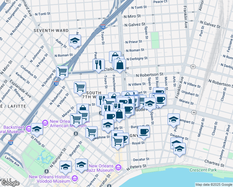 map of restaurants, bars, coffee shops, grocery stores, and more near 1222 Frenchmen Street in New Orleans