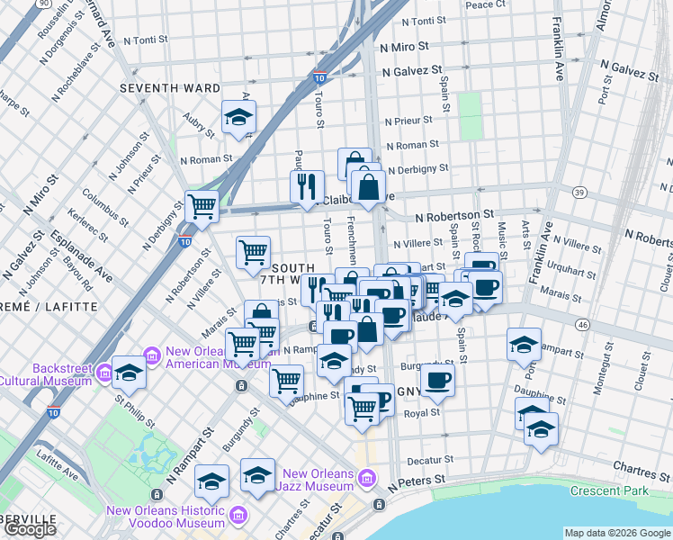 map of restaurants, bars, coffee shops, grocery stores, and more near 1222 Frenchmen Street in New Orleans