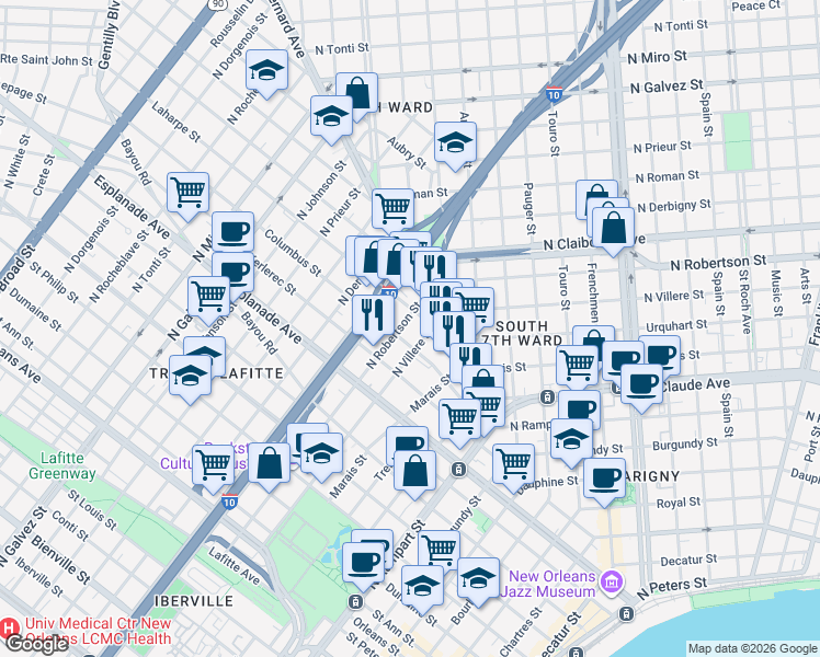 map of restaurants, bars, coffee shops, grocery stores, and more near 1418 Columbus Street in New Orleans
