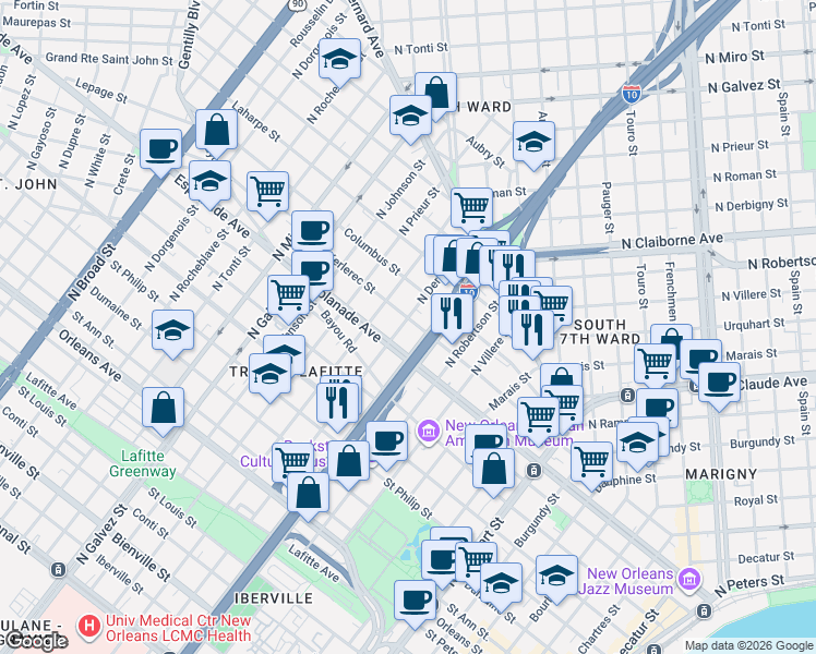 map of restaurants, bars, coffee shops, grocery stores, and more near in New Orleans
