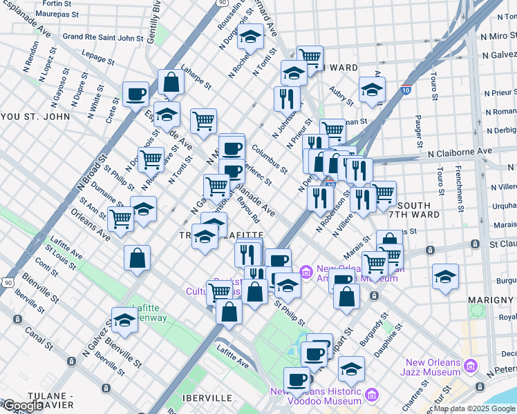 map of restaurants, bars, coffee shops, grocery stores, and more near 1722 Esplanade Avenue in New Orleans