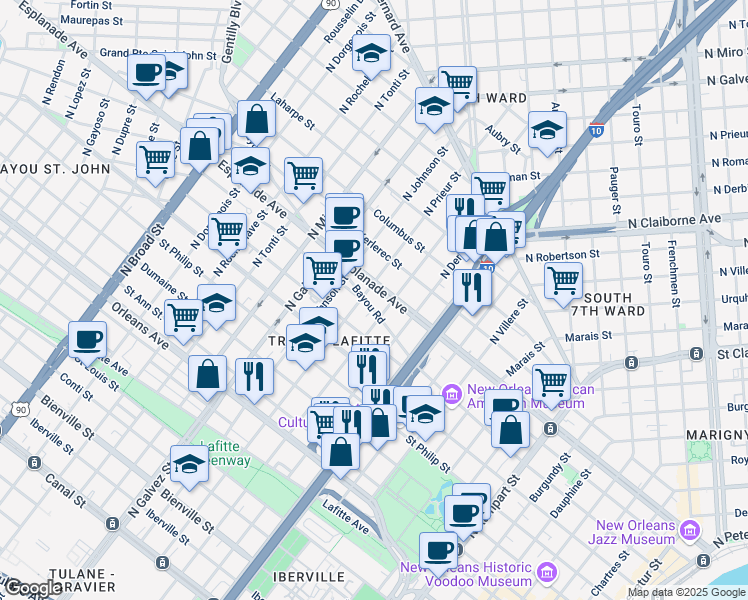map of restaurants, bars, coffee shops, grocery stores, and more near 1216 North Prieur Street in New Orleans