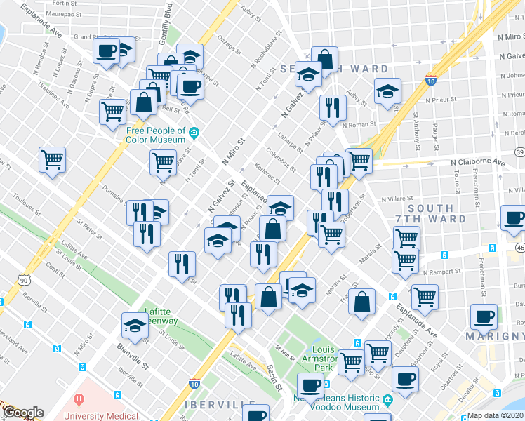 map of restaurants, bars, coffee shops, grocery stores, and more near 1216 North Prieur Street in New Orleans