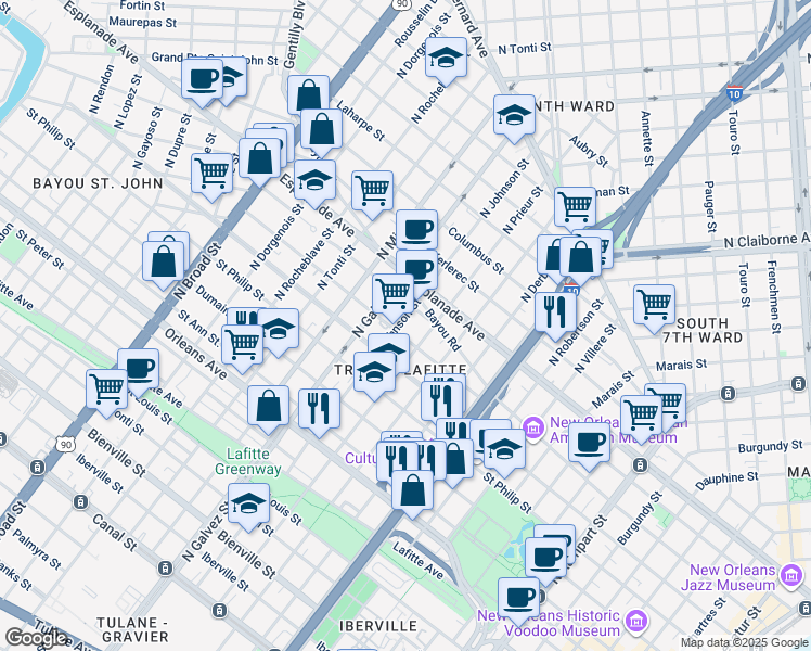 map of restaurants, bars, coffee shops, grocery stores, and more near 1120 North Johnson Street in New Orleans