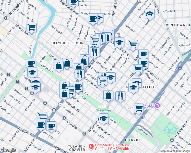map of restaurants, bars, coffee shops, grocery stores, and more near 2549 Orleans Avenue in New Orleans