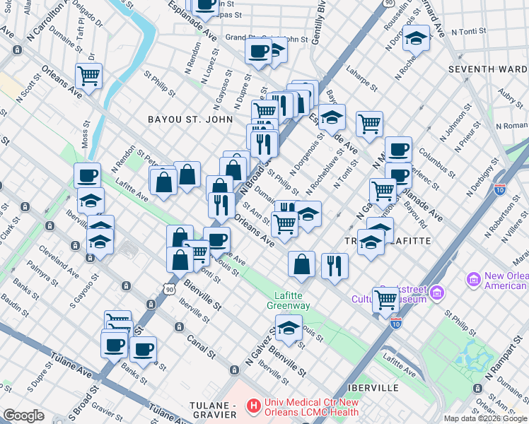 map of restaurants, bars, coffee shops, grocery stores, and more near 2549 Orleans Avenue in New Orleans