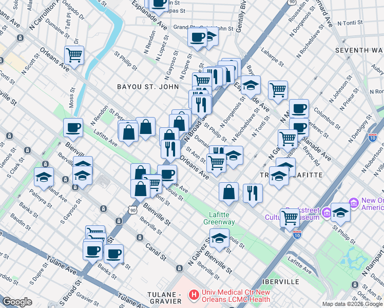 map of restaurants, bars, coffee shops, grocery stores, and more near 2549 Orleans Avenue in New Orleans