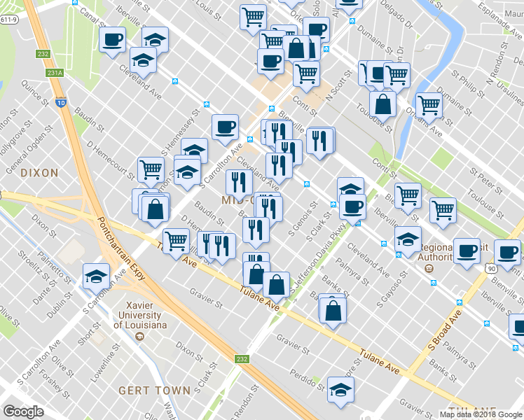 map of restaurants, bars, coffee shops, grocery stores, and more near 321 South Telemachus Street in New Orleans