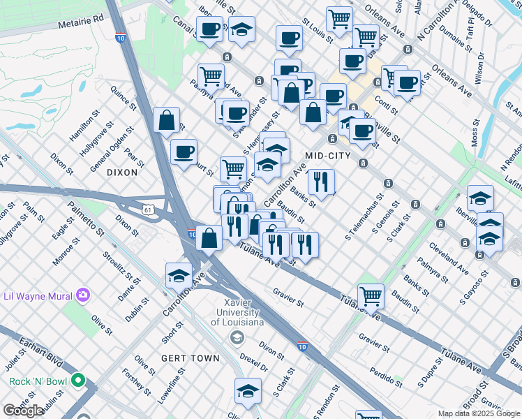 map of restaurants, bars, coffee shops, grocery stores, and more near 4222 South Carrollton Avenue in New Orleans