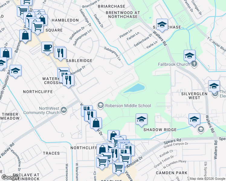 map of restaurants, bars, coffee shops, grocery stores, and more near 4115 Farmers Pass Road in Houston