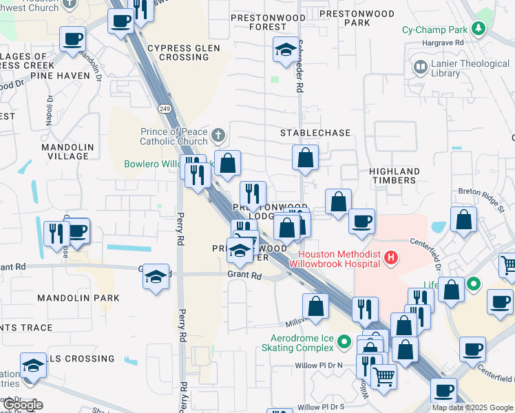 map of restaurants, bars, coffee shops, grocery stores, and more near 18830 Tomball Parkway in Houston