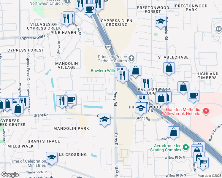 map of restaurants, bars, coffee shops, grocery stores, and more near 13603 Perry Road in Houston