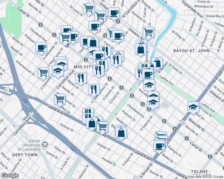 map of restaurants, bars, coffee shops, grocery stores, and more near 130 South Genois Street in New Orleans