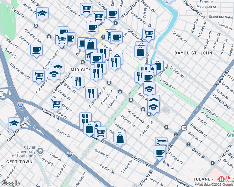 map of restaurants, bars, coffee shops, grocery stores, and more near 3500 Canal Street in New Orleans