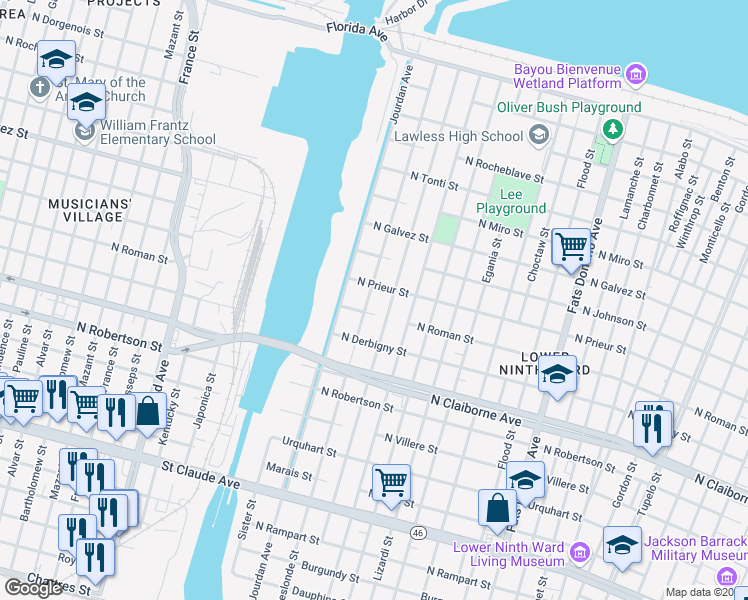 map of restaurants, bars, coffee shops, grocery stores, and more near 1827 Deslonde Street in New Orleans