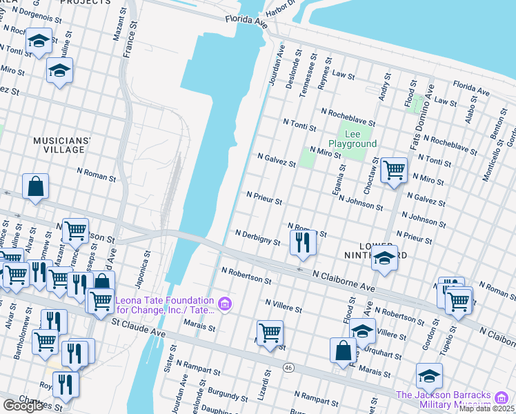 map of restaurants, bars, coffee shops, grocery stores, and more near 1827 Deslonde Street in New Orleans