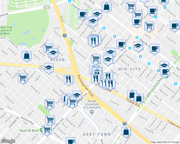 map of restaurants, bars, coffee shops, grocery stores, and more near 4225 Tulane Avenue in New Orleans