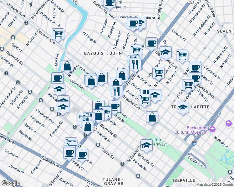 map of restaurants, bars, coffee shops, grocery stores, and more near 711 North Broad Street in New Orleans