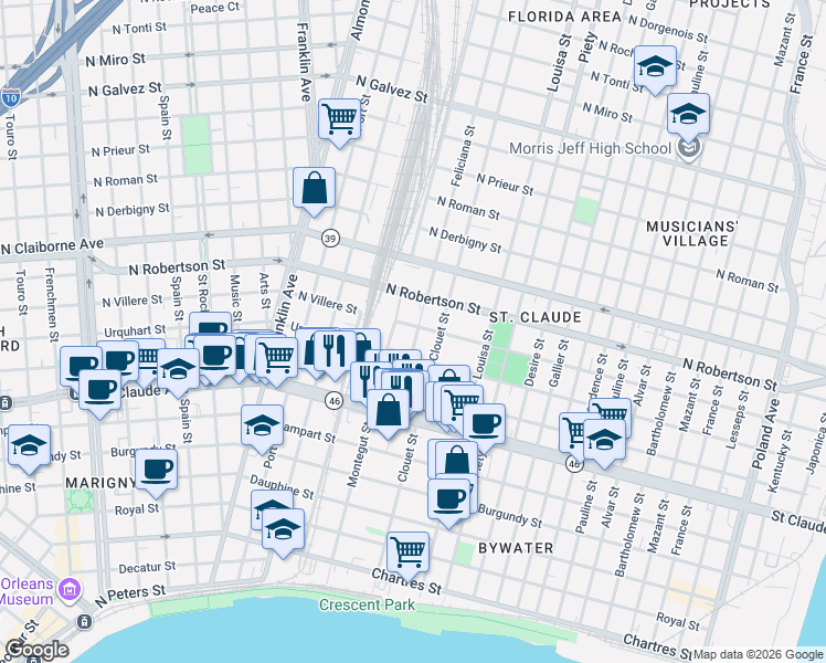map of restaurants, bars, coffee shops, grocery stores, and more near 1303 Montegut Street in New Orleans